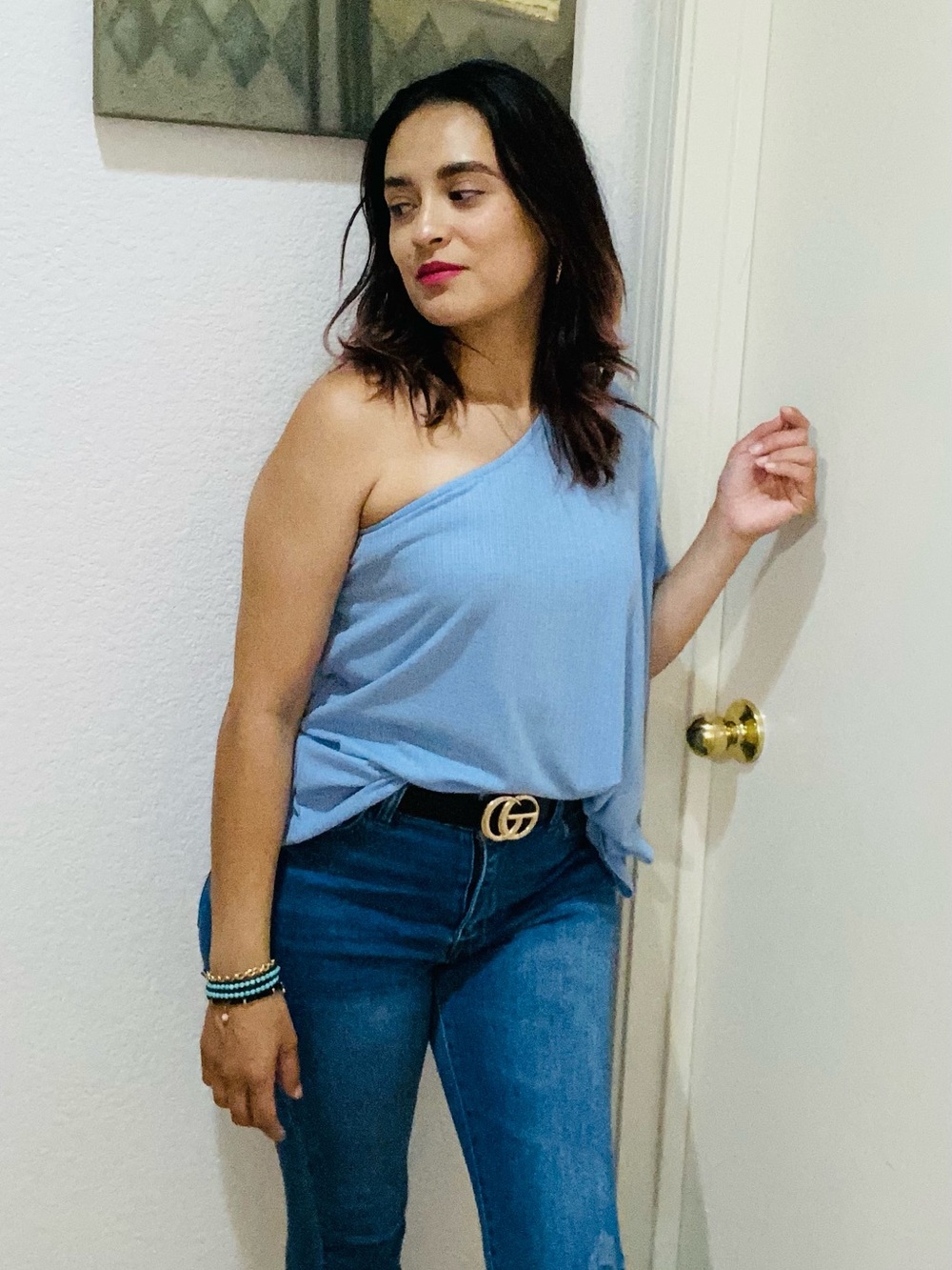 Asymmetric One-Shoulder Light Blue Ribbed Tank Top